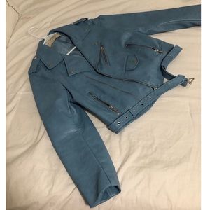 Zara Sky Blue Motorcycle Faux Leather Jacket